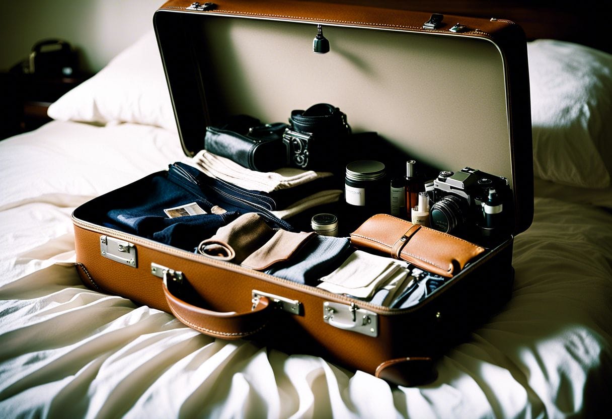 Valise ouverte avec vêtements colorés
Carte postale et lunettes de soleil sur table