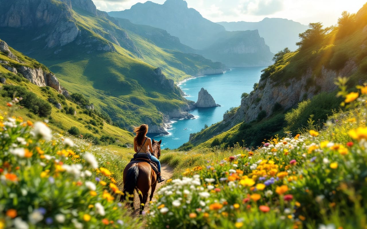Un groupe de cavaliers traversant un paysage majestueux de Corse, avec des collines verdoyantes et des falaises rocheuses sous un ciel ensoleill&eacute;, entour&eacute; de fleurs sauvages color&eacute;es.
