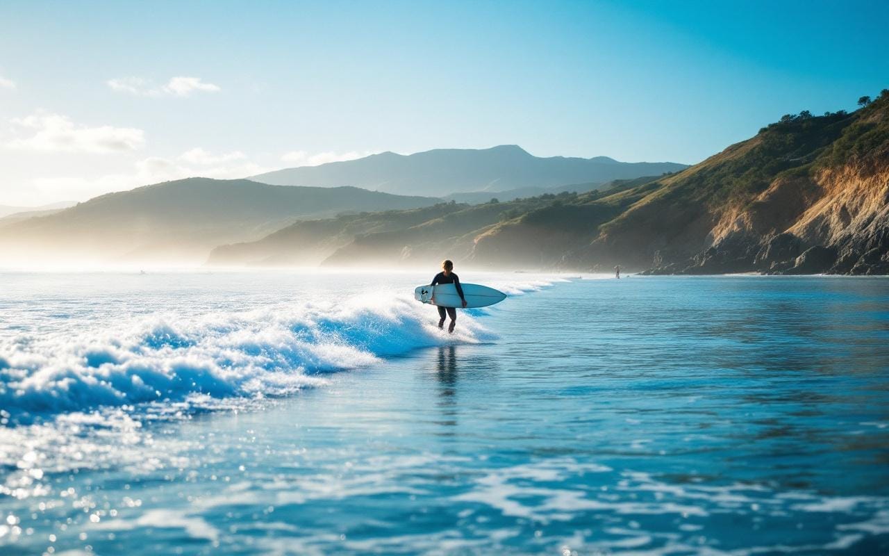 Un surfeur prenant des vagues calmes à Hendaye, avec une lumière douce et un paysage côtier serein.