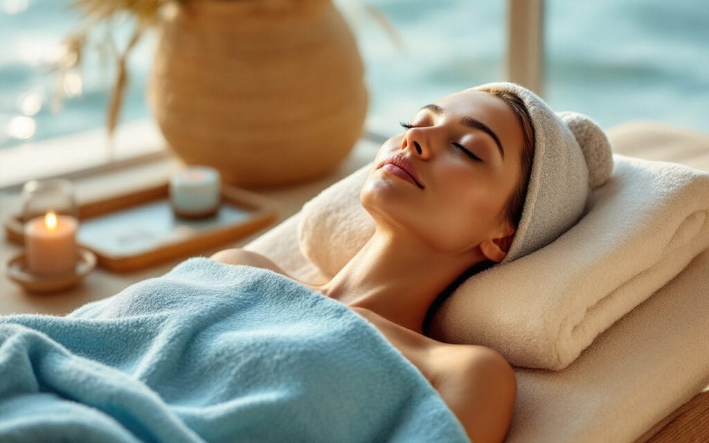 Une personne détendue profitant d'un traitement de thalassothérapie, entourée d'une atmosphère sereine avec des vagues océaniques et une lumière naturelle apaisante.