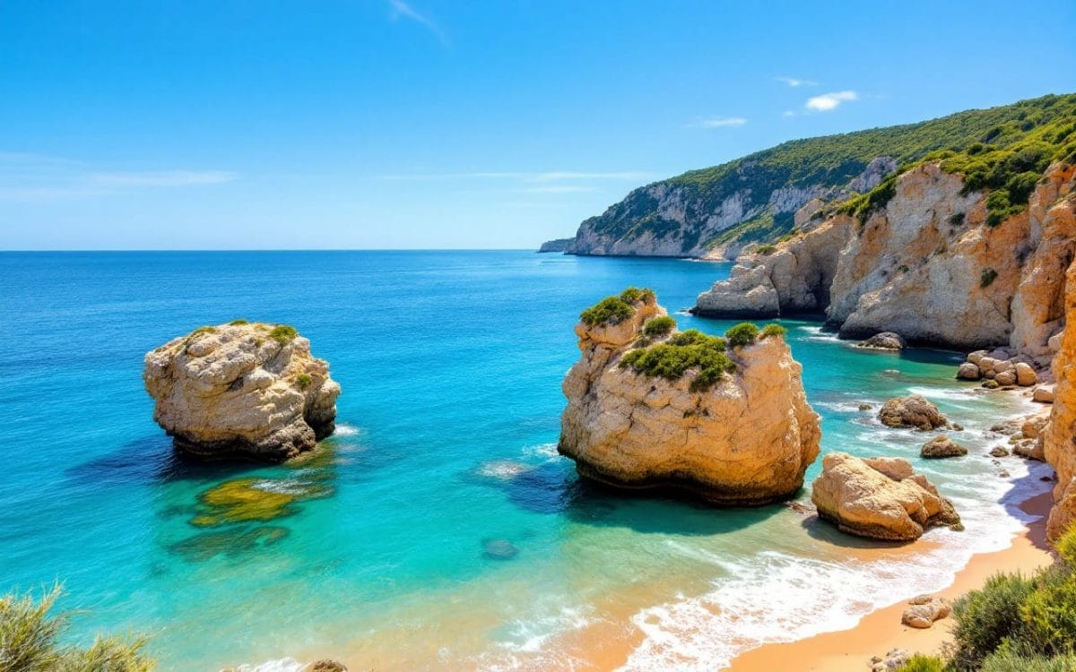 Vue panoramique d'une plage méditerranéenne avec de l'eau turquoise, du sable doré et des falaises verdoyantes sous un soleil éclatant.
