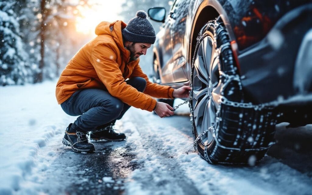 Un conducteur accroupi installe des chaînes à neige sur le pneu d'une voiture garée au bord d'une route enneigée, flocons tombant, veste orange visible, lumière matinale volumétrique et ambiance réaliste.